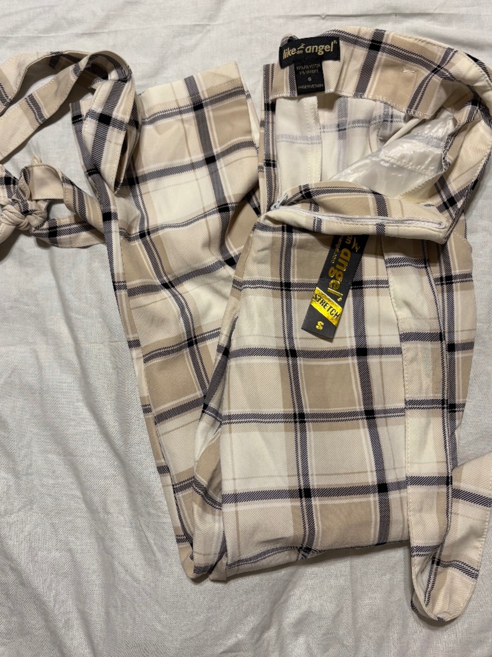 Like an Angel Plaid Tie Waist Pants Size S NWT Beige Check High Rise
